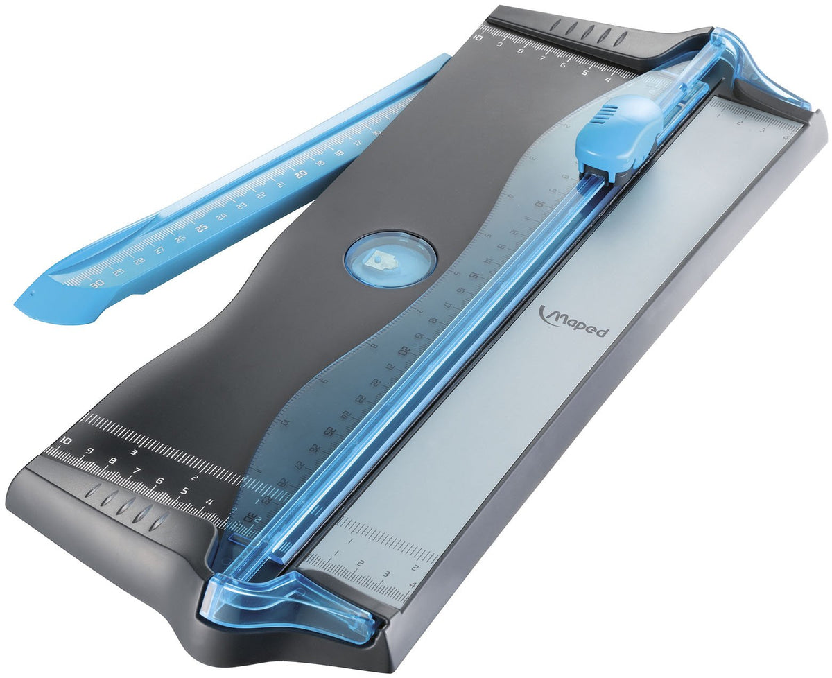 MAPED Guillotina Precise Cut Azul | Cuchilla Auto-Retráctil | Corta 5 Hojas | Regleta en cm/pulg | Ideal para Papel y Fotos