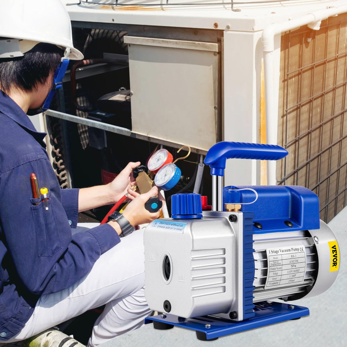 VEVOR Bomba de vacío 4.8CFM 1/3 HP Kit de refrigeración HVAC A/C de una sola etapa 5PA Ultimate Juego de manómetros de vacío R410A R134A R22 HVAC AC, manómetro de colector de 4 vías y manguera