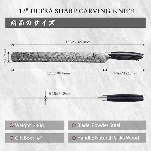 Cuchillo para pechuga SHAN ZU de acero en polvo, cuchillo para trinchar de 30 cm para cortar carne, pavo y barbacoa, cuchillos para rebanar con mango ergonómico de madera de pakka