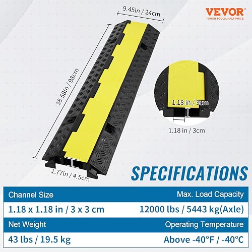 VEVOR 3 rampas protectoras de cable de goma, 2 canales, 12000 libras/capacidad del eje, cubierta de alambre de manguera resistente, rampa de entrada, golpe de velocidad de tráfico con cubierta superior abatible y cinta de advertencia de 50 pies, para inte