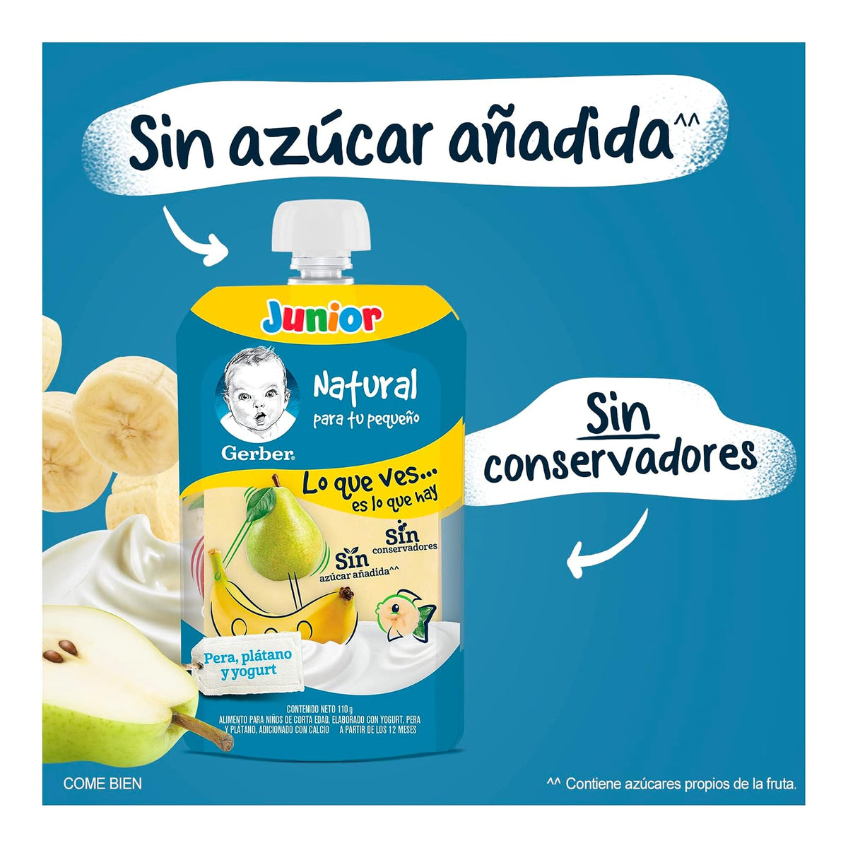 Papilla con Yogurt Gerber Junior Etapa 4 Pera y Plátano Sin Azúcar Pouch 110g Paquete 12