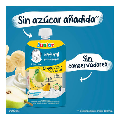 Papilla con Yogurt Gerber Junior Etapa 4 Pera y Plátano Sin Azúcar Pouch 110g Paquete 12