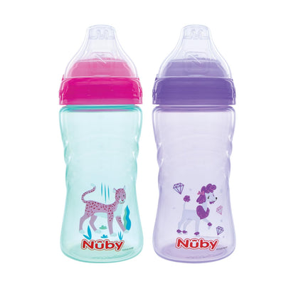 Nuby - Juego de 2 vasos deportivos con boquilla suave y tapa, 12 onzas, 12 meses, paquete de 2 unidades, aguamarina y perro morado