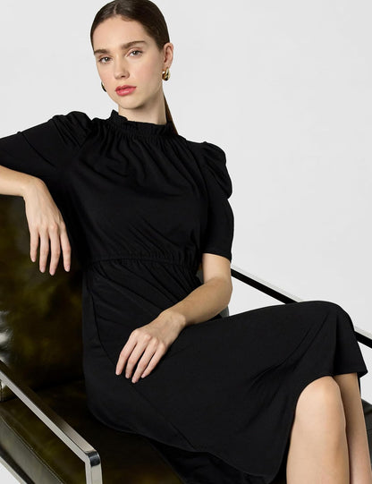 Adrianna Papell Vestido Midi de Punto sólido con Cuello y Volantes y Manga Plisada Vestido Informal Mujer