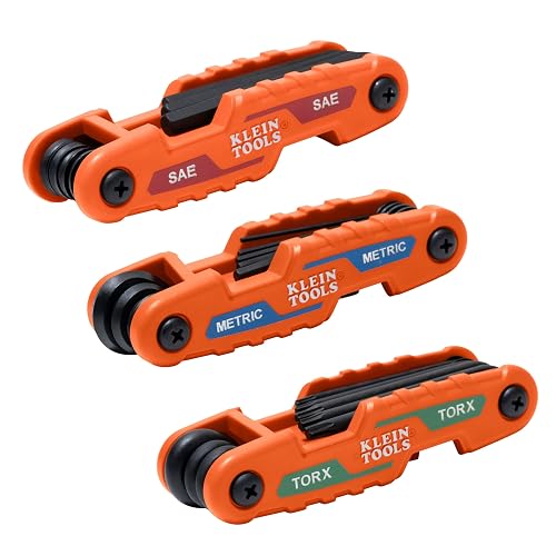 Klein Tools 70543 Juego de llaves hexagonales plegables compactas de 3 piezas, métricas, SAE, tamaños Torx, 25 llaves, acero de aleación tratado térmicamente de resistencia industrial