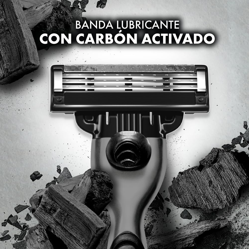 Gillette Mach3 Carbono, Cartucho De Rastrillo Para Afeitar, 4 Repuestos Con Carbón Activado Y 3 Hojas Para Rasurar La Barba, Rastrillo Para Hombre Caja