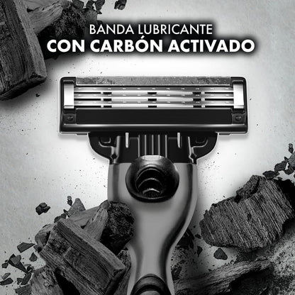 Gillette Mach3 Carbono, Cartucho De Rastrillo Para Afeitar, 4 Repuestos Con Carbón Activado Y 3 Hojas Para Rasurar La Barba, Rastrillo Para Hombre Caja