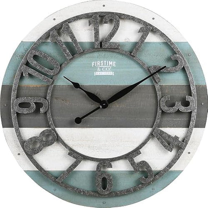 FirsTime & Co. - Reloj de Pared con tablones lamentables Color Verde Azulado, decoración clásico Grande para Sala de Estar, Oficina en casa, Redondo, Madera, Granja, 27 Pulgadas