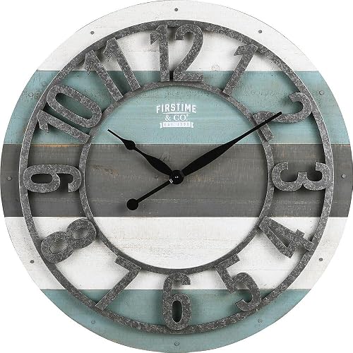 FirsTime & Co. - Reloj de Pared con tablones lamentables Color Verde Azulado, decoración clásico Grande para Sala de Estar, Oficina en casa, Redondo, Madera, Granja, 27 Pulgadas
