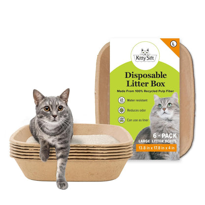 Kitty Sift (6 Unidades) Caja de Arena desechable para Gatos, sostenible, Limpia, Grande, Paquete de 6