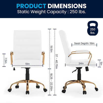 Flash Furniture Silla de Oficina con Respaldo Medio - Silla de Escritorio Ejecutiva de Polipiel Blanco Silla de Computadora con Estructura Dorada y Reposabrazos, 23" W x 24" D x 37" - 40.75" H