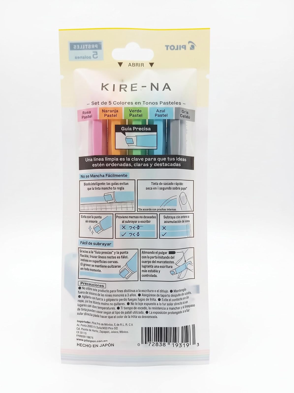 PILOT KIRE-NA Marcatextos 5 Colores Pasteles, Punta Doble con Guía, Secado Rápido, Líneas Precisas, Paquete de 5