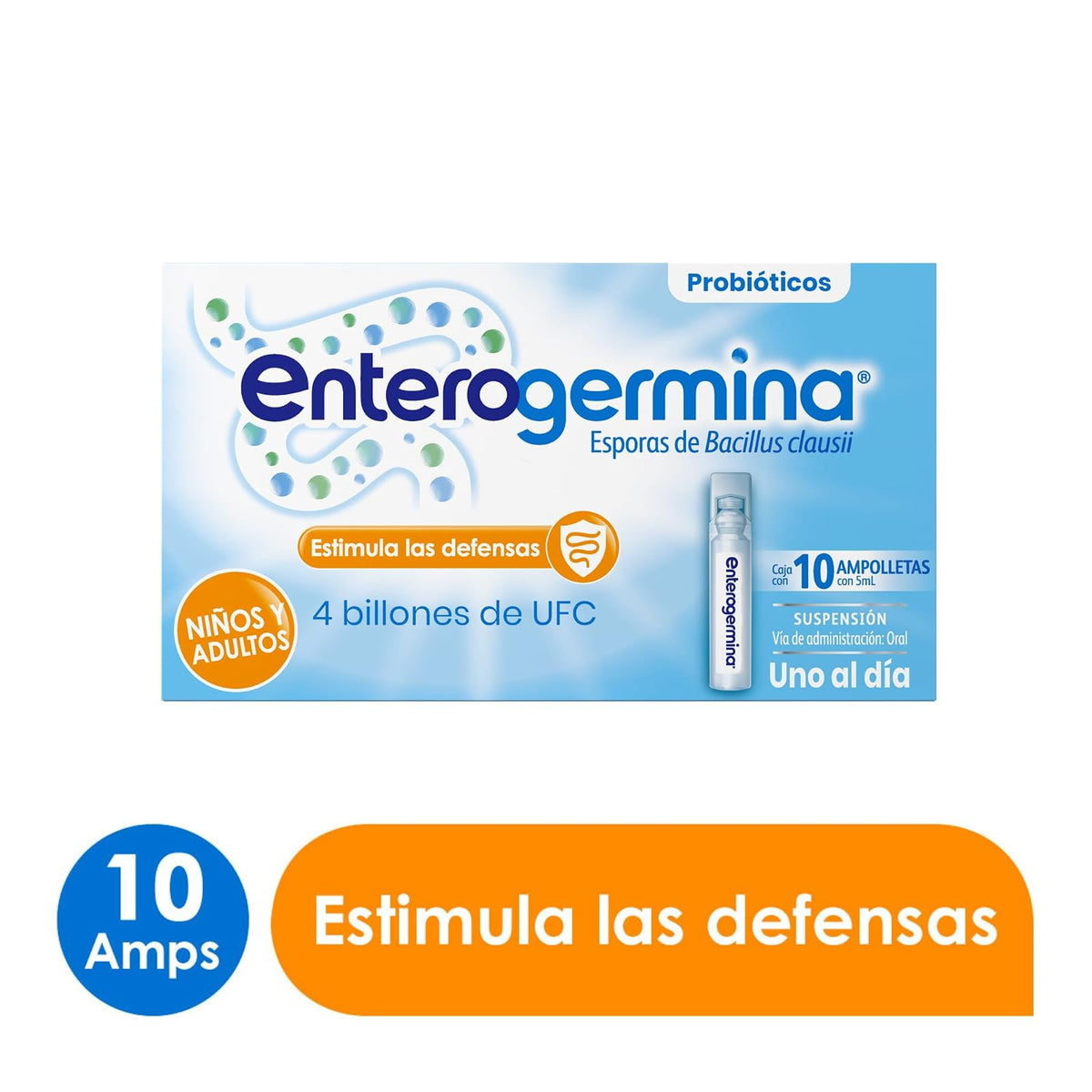 Enterogermina probióticos 4 billones, vial sin refrigeración, 10 amps.