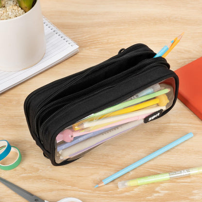 ZIPIT Estuche para lápices Half & Half, bolsa con cierre de 3 compartimentos para la escuela, organizador de papelería para adolescentes, niñas, niños y adultos, color negro