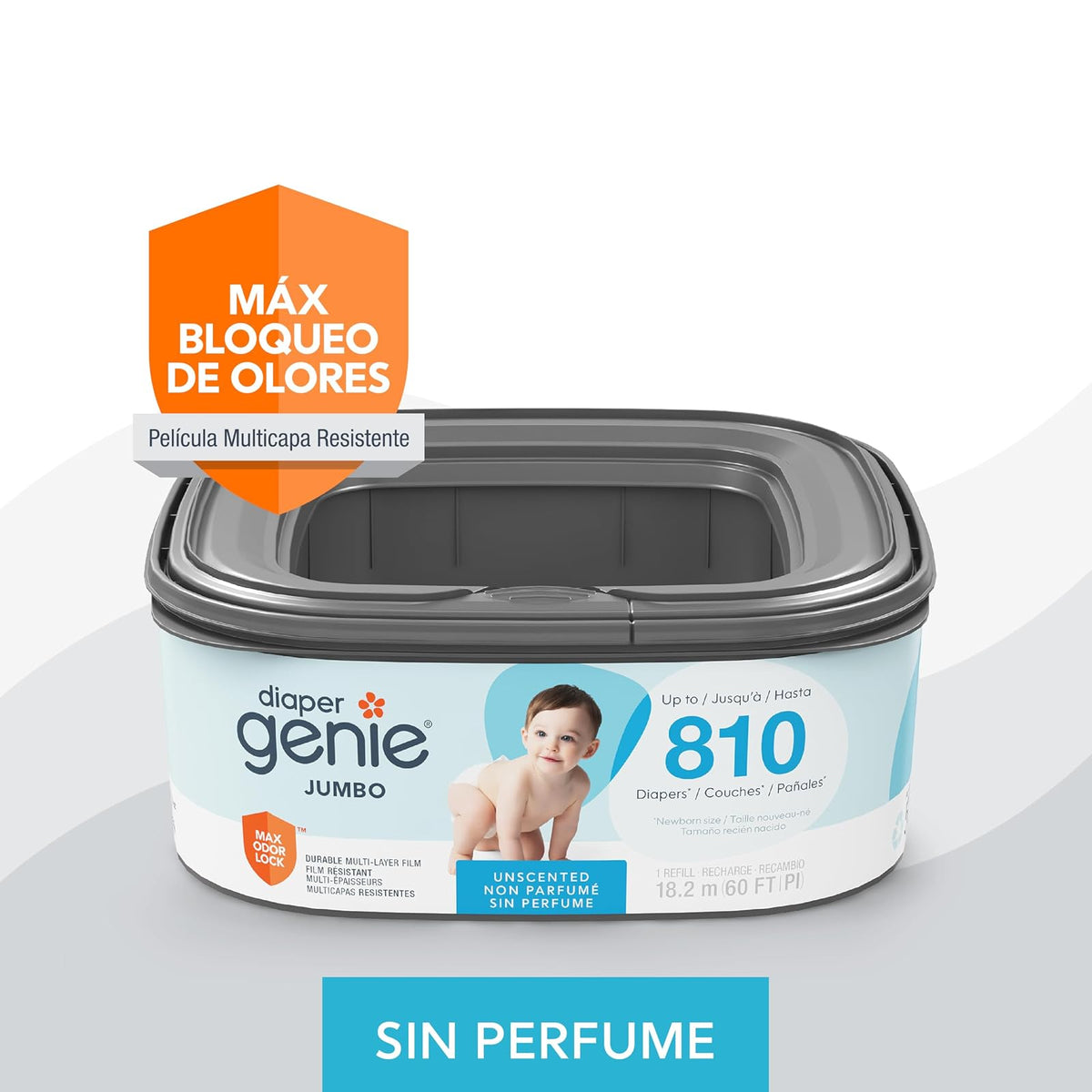 El recambio cuadrado Diaper Genie Jumbo con película continua | Puede contener hasta 810 pañales tamaño recién nacido.