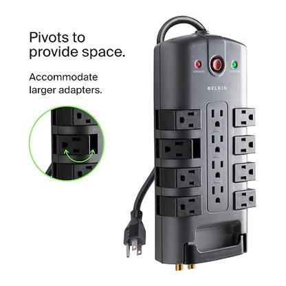 Belkin BP112230-08 Supresor de Picos Enchufe de Pivote, 12 Salidas, 4320J, 2.4 metros, Gris