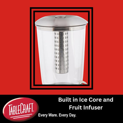 TableCraft 75 - Dispensador de bebidas de 2.5 galones con infusor de frutas y soporte, Tritan y acero inoxidable cepillado, dispensador de bebidas frías para catering y uso doméstico