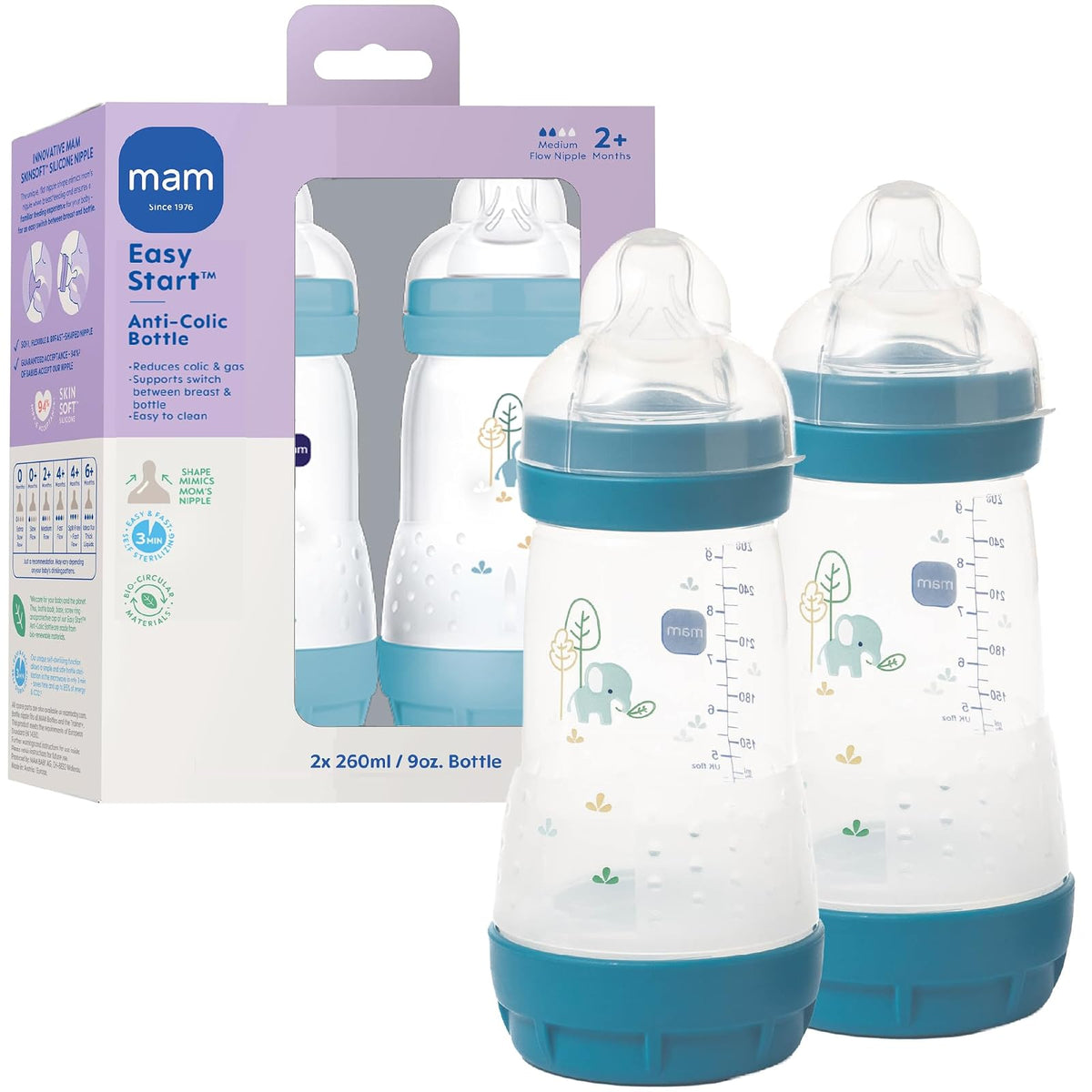 MAM Easy Start - Biberón anticólico de 9 onzas, flujo medio, botella de pezón de silicona similar a la lactancia materna, reduce los cólicos, gas y reflujo, fácil de limpiar, sin BPA, biberones