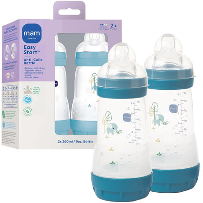 MAM Easy Start - Biberón anticólico de 9 onzas, flujo medio, botella de pezón de silicona similar a la lactancia materna, reduce los cólicos, gas y reflujo, fácil de limpiar, sin BPA, biberones