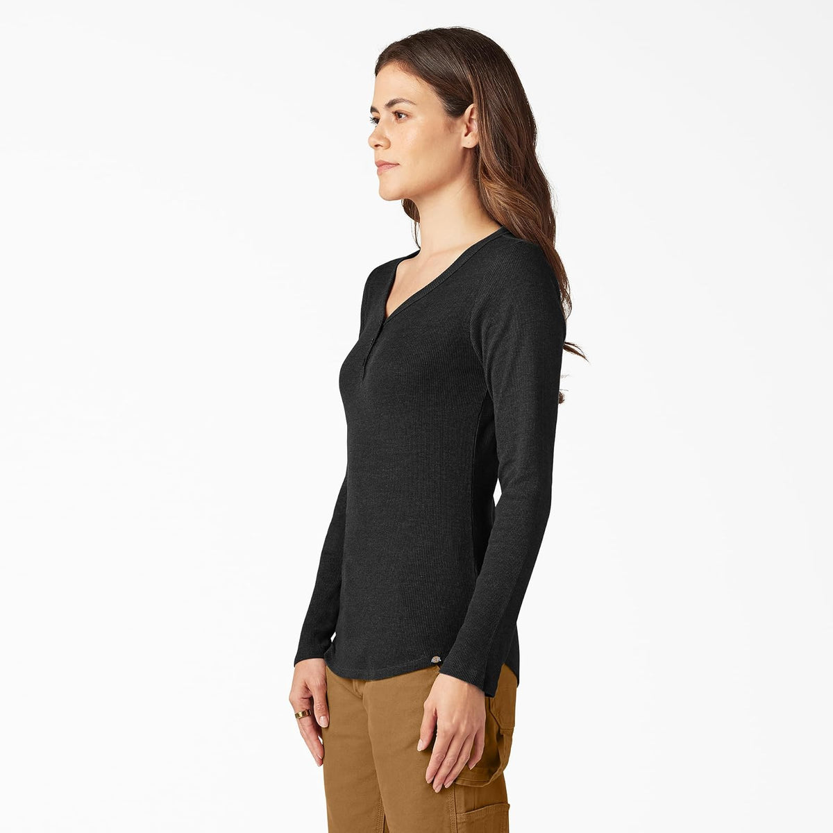 Dickies Playera Henley de Manga Larga con 3 Botones. Playera Henley para Mujer