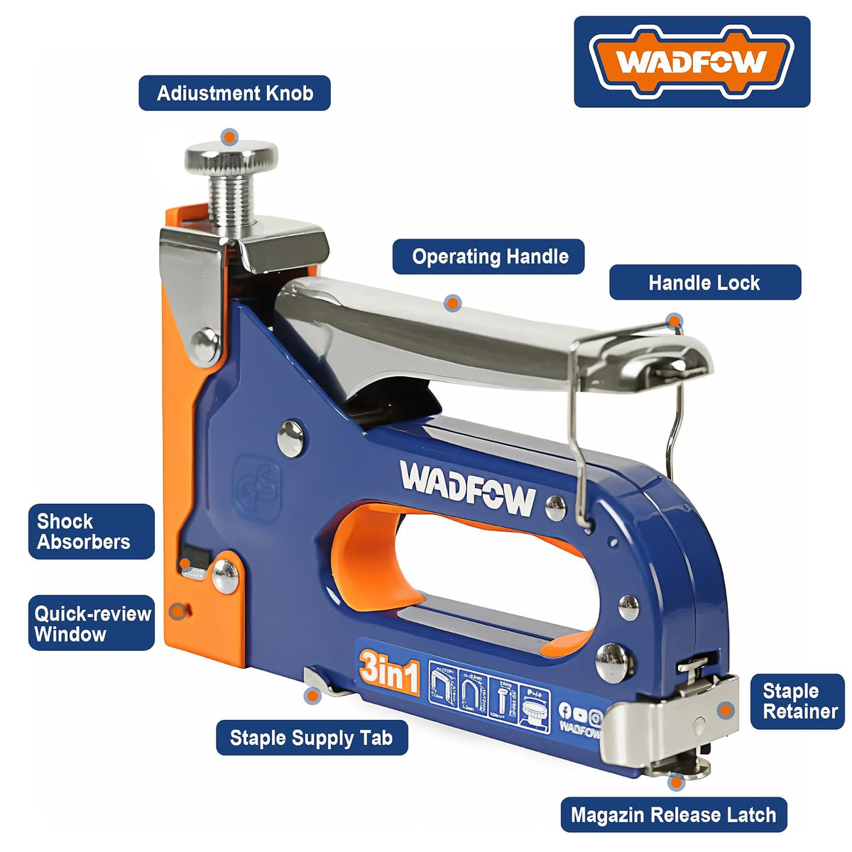 WADFOW - Pistola grapadora 3 en 1 resistente con 3.000 grapas: clavadora manual Brad, pistola grapadora de ajuste de potencia para madera, manualidades, carpintería, decoración y bricolaje
