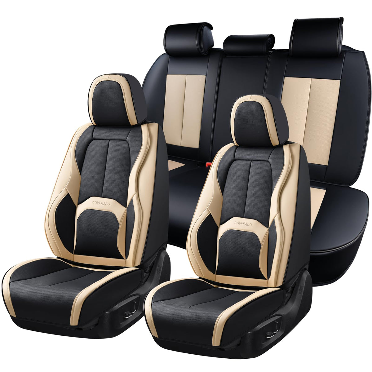Coverado Fundas de Asiento de Automóvil, Juego Completo de Fundas de Asiento de Automóvil, Impermeable, con Soporte Lumbar, Fundas de Asiento de automóvil, Ajuste Universal para la mayoría de Automóviles, SUV - A-Black&Beige - Fullset