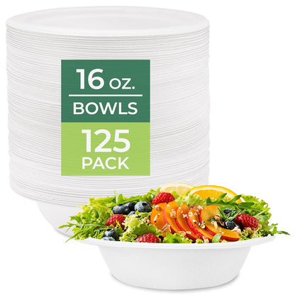Freshware - Cuencos de papel desechables de 16 onzas, 125 tazones de fibra de caña de azúcar biodegradables, bagazo resistente para platos de comida caliente, apto para microondas y congelador,