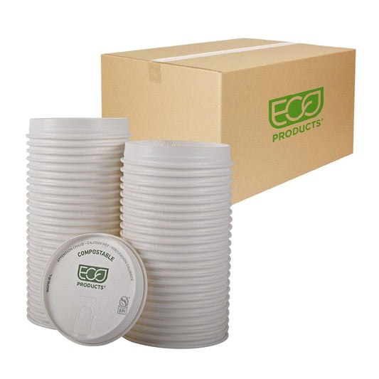 Eco-Products - Tapas de papel compostables para tazas de café, caja de 1000, tapas blancas de rayas verdes, se adapta a tazas calientes de 10 a 20 onzas, forradas con PLA, un material renovable hecho