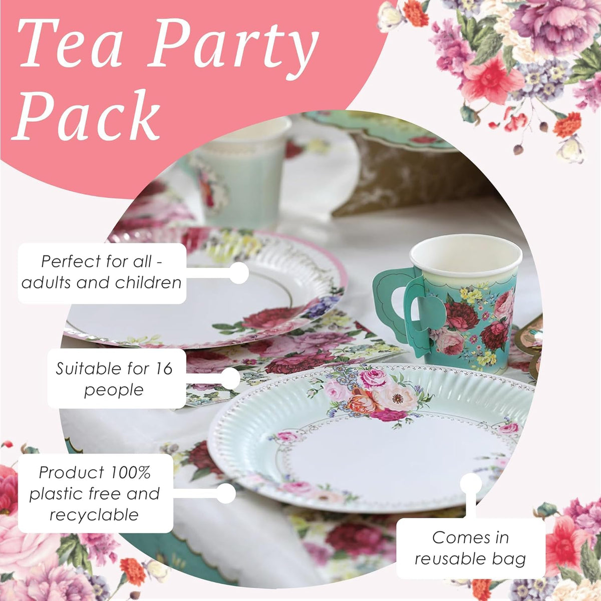 Juego de vajilla desechable para 16 invitados con diseño floral de tarde/té de tarde/fiesta para 16 invitados, bonito juego de platos de papel, servilletas para tazas de té, mantel para cumpleaños