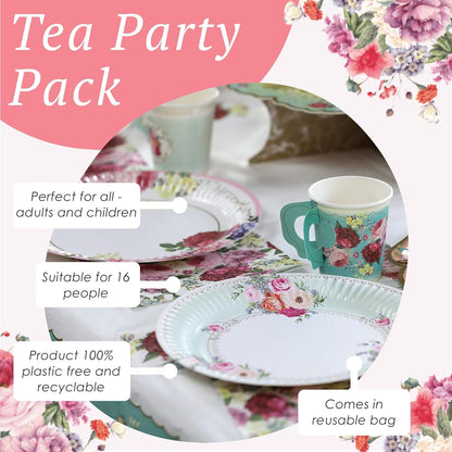 Juego de vajilla desechable para 16 invitados con diseño floral de tarde/té de tarde/fiesta para 16 invitados, bonito juego de platos de papel, servilletas para tazas de té, mantel para cumpleaños