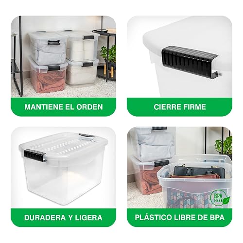 JOY - Caja de Almacenamiento Apilable, Pack de 2, para Organizador Armario, Juguetes, Ropa, con Broche y Tapa Duradera, 29 Litros de Capacidad, Plástico Libre de BPA, Transparente