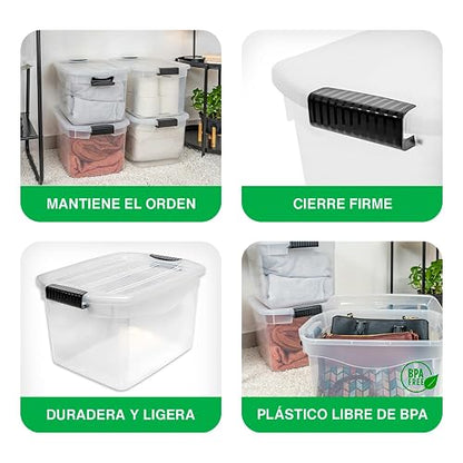 JOY - Caja de Almacenamiento Apilable, Pack de 2, para Organizador Armario, Juguetes, Ropa, con Broche y Tapa Duradera, 29 Litros de Capacidad, Plástico Libre de BPA, Transparente