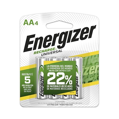 Energizer - Pilas Recargables AA Recharge Universal, 2000 mAh, Paquete de 4 | Tecnología NiMH, hasta 12 años de duración, ideales para dispositivos de uso frecuente y alto consumo energético.