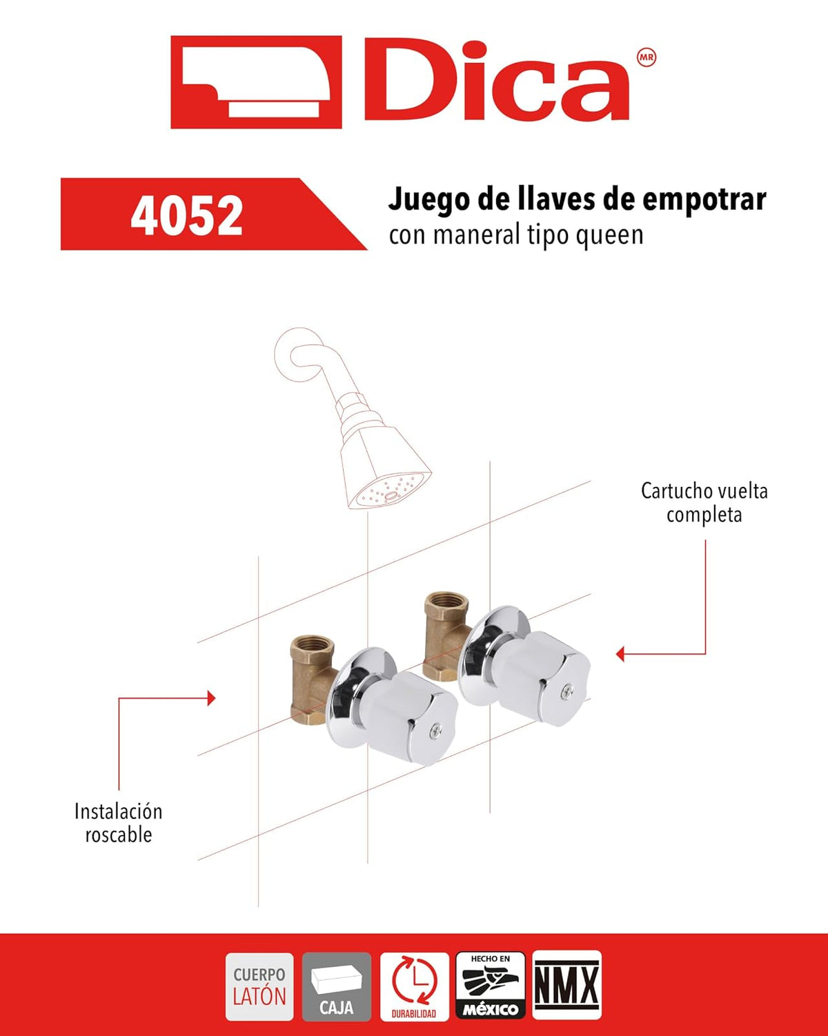 DICA, Juego de Llaves de Empotrar Roscables y Chapetón, Manerales de Zamac, Cartucho Tradicional, Acabado Cromo, Latón, 1 Año de Garantía Contra Defectos de Manufactura, 4052