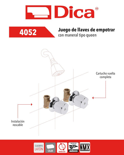 DICA, Juego de Llaves de Empotrar Roscables y Chapetón, Manerales de Zamac, Cartucho Tradicional, Acabado Cromo, Latón, 1 Año de Garantía Contra Defectos de Manufactura, 4052