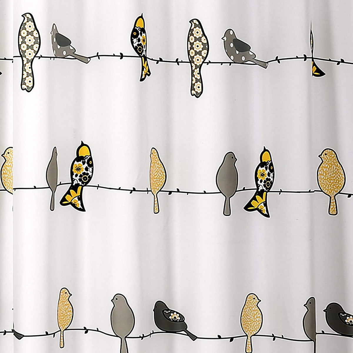 Lush Decor Rowley Birds - Cortina de Ducha de 72 Pulgadas de Ancho x 72 Pulgadas de Largo, Amarillo y Gris, diseño de pájaros Florales Coloridos, Cortina de Ducha de pájaros caprichosos y juguetones,
