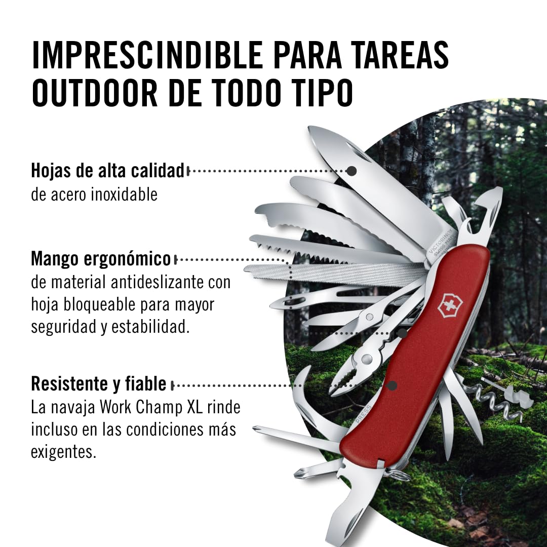 Victorinox Work Champ, Color Rojo, 111 mm, 31 Usos | Cuchillo de bolsillo grande con sierra para madera, sierra para metales, pinza y tijeras para acampar y bricolaje, 111 mm