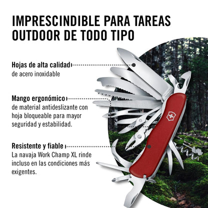 Victorinox Work Champ, Color Rojo, 111 mm, 31 Usos | Cuchillo de bolsillo grande con sierra para madera, sierra para metales, pinza y tijeras para acampar y bricolaje, 111 mm
