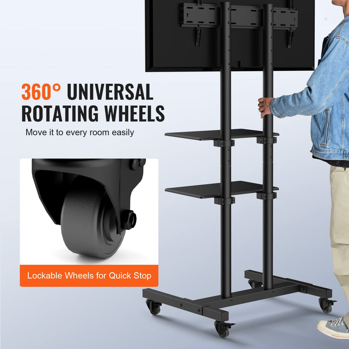 VEVOR - Soporte de TV móvil, Carrito de TV móvil para televisores de 32 a 70 Pulgadas, Soporte de TV portátil de Altura Ajustable con Ruedas, Bandeja Doble para Dispositivos audiovisuales, Soporte de