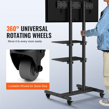 VEVOR - Soporte de TV móvil, Carrito de TV móvil para televisores de 32 a 70 Pulgadas, Soporte de TV portátil de Altura Ajustable con Ruedas, Bandeja Doble para Dispositivos audiovisuales, Soporte de