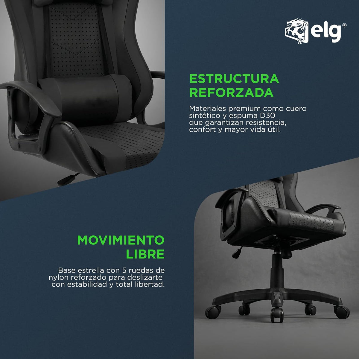 Silla ergonómica para Juegos Syrax con Ajuste de Altura y Estructura Reforzada Que soporta 120 kg, Negro, CH36BK, ELG