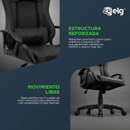 Silla ergonómica para Juegos Syrax con Ajuste de Altura y Estructura Reforzada Que soporta 120 kg, Negro, CH36BK, ELG