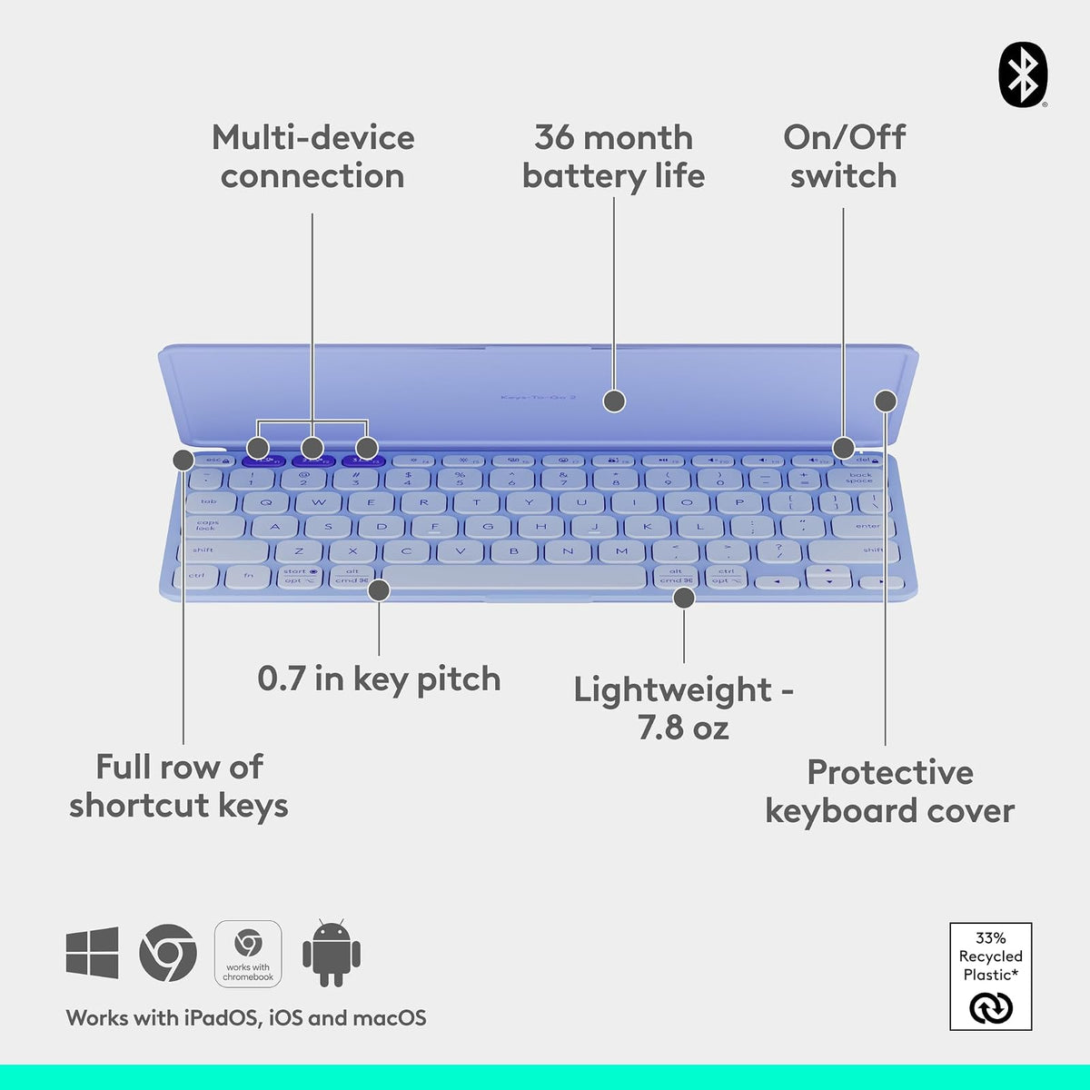 Logitech Keys-to-Go 2 Teclado inalámbrico para iPad con Tapa integrada, Bluetooth, Delgado, estilizado y Compacto para iPad, iPhone, Windows, Android, Linux, Mac, Apple TV, Color - Lila
