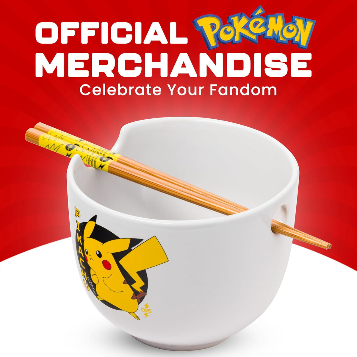 Silver Buffalo Pokemon Pikachu - tazón de arroz con palillos de cerámica para fideos Ramen, apto para microondas, 20 onzas