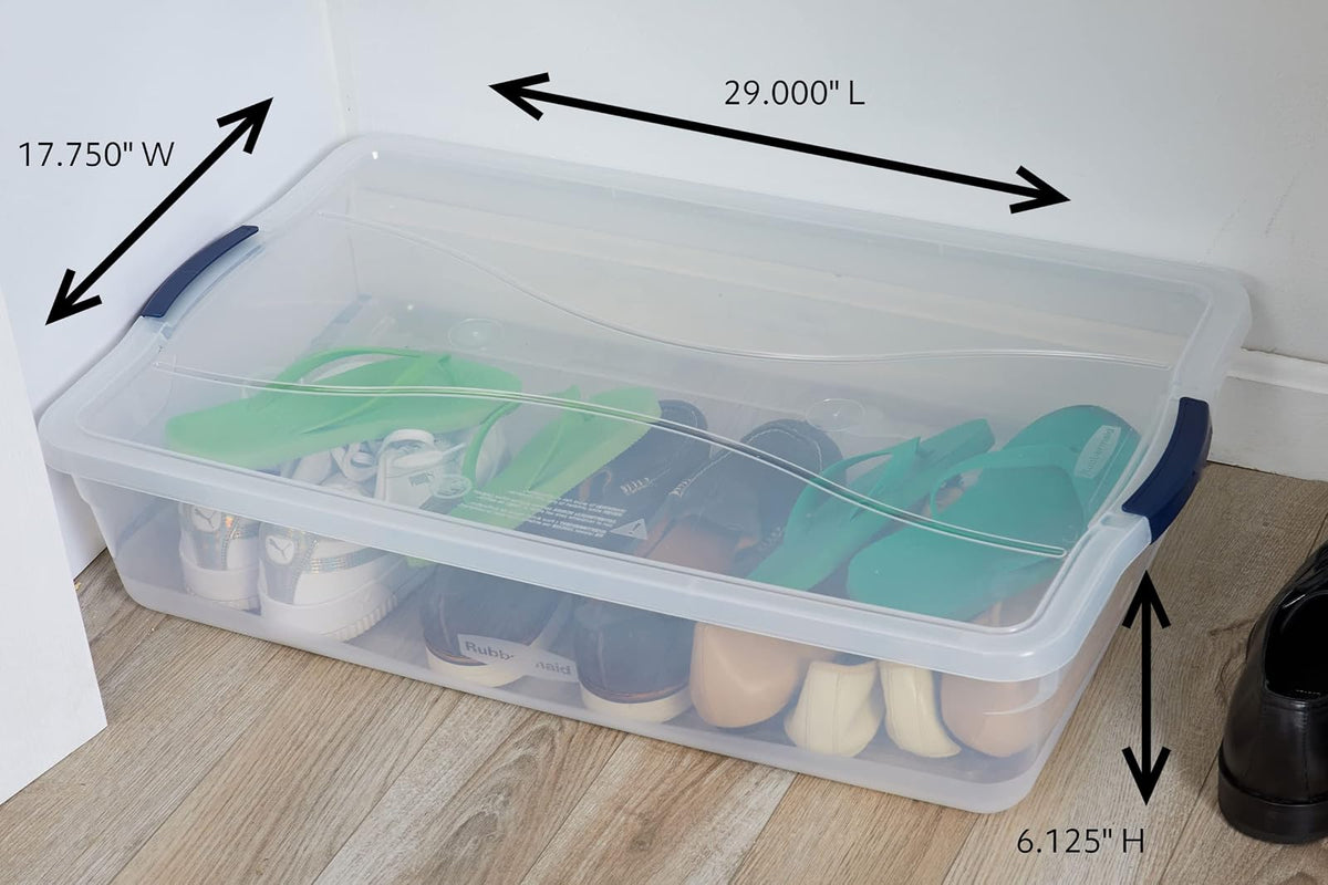 Rubbermaid Cleverstore Contenedor organizador de plástico apilable de 42 cuartos con tapas de cierre para cochera, clóset y aula, transparente, paquete de 4