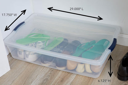Rubbermaid Cleverstore Contenedor organizador de plástico apilable de 42 cuartos con tapas de cierre para cochera, clóset y aula, transparente, paquete de 4