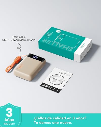 INIU Power Bank, Pequeño 20000mAh 22,5W Carga Rapida Bateria Phone Externa | Cable USB C Desmontable, Apto para Avión, Esenciales de Viaje, Bateria Portatil para iPhone 17, Samsung, iPad, etc. [Beige]