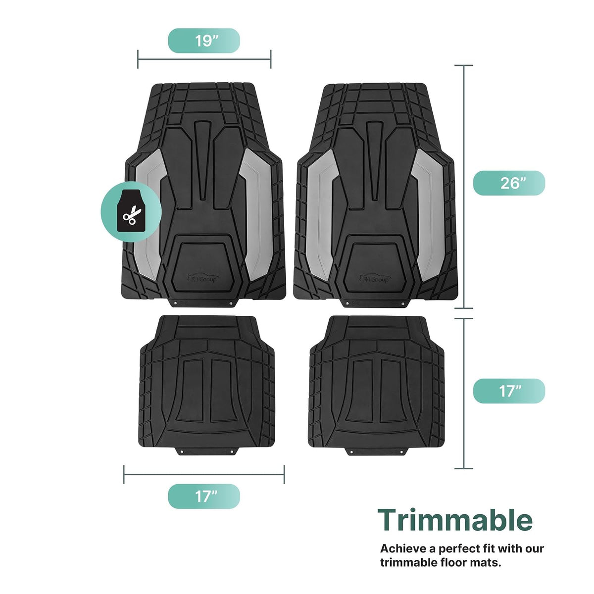 FH Group Automotive - Alfombrillas de Goma Resistentes para Piso, Ajuste Universal, Resistente al Clima, recortables para la mayoría de sedanes, SUV, Camiones, Color Gris