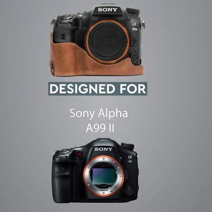 MegaGear MG1084 Estuche Ever Ready, Media Funda, Estuche de Base, Funda de Cuero, de Pronto Uso, con Correa Compatible con Sony Alpha A99 II - Marron Oscuro