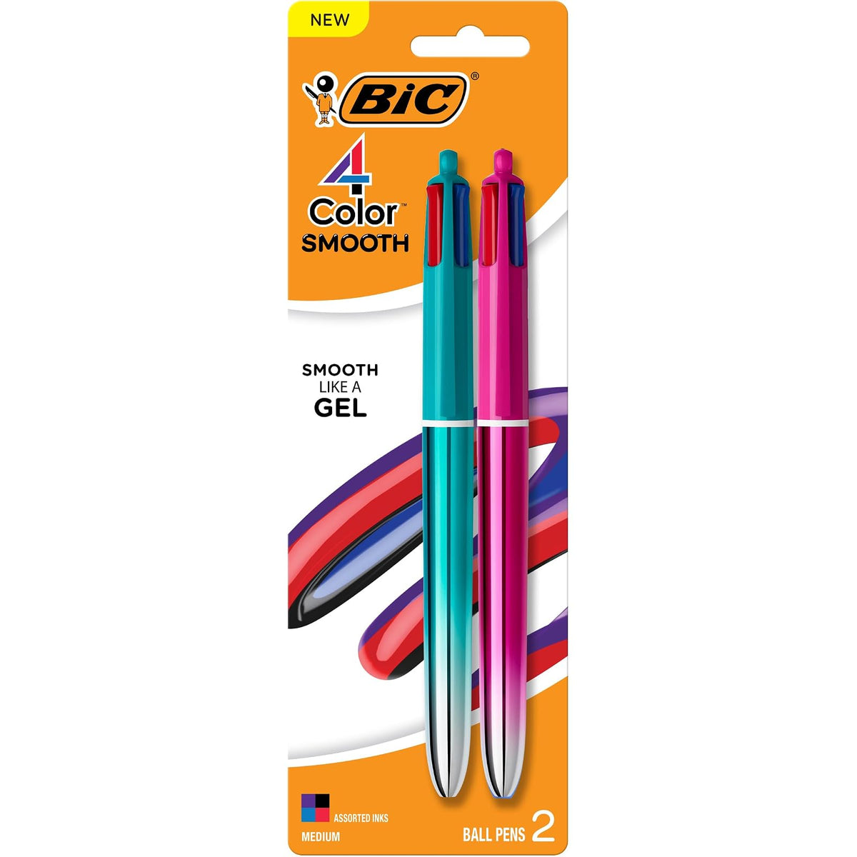 BIC - Bolígrafo retráctil de 4 colores con degradado, punta media de 1,0 mm, 2 unidades en tinta variada